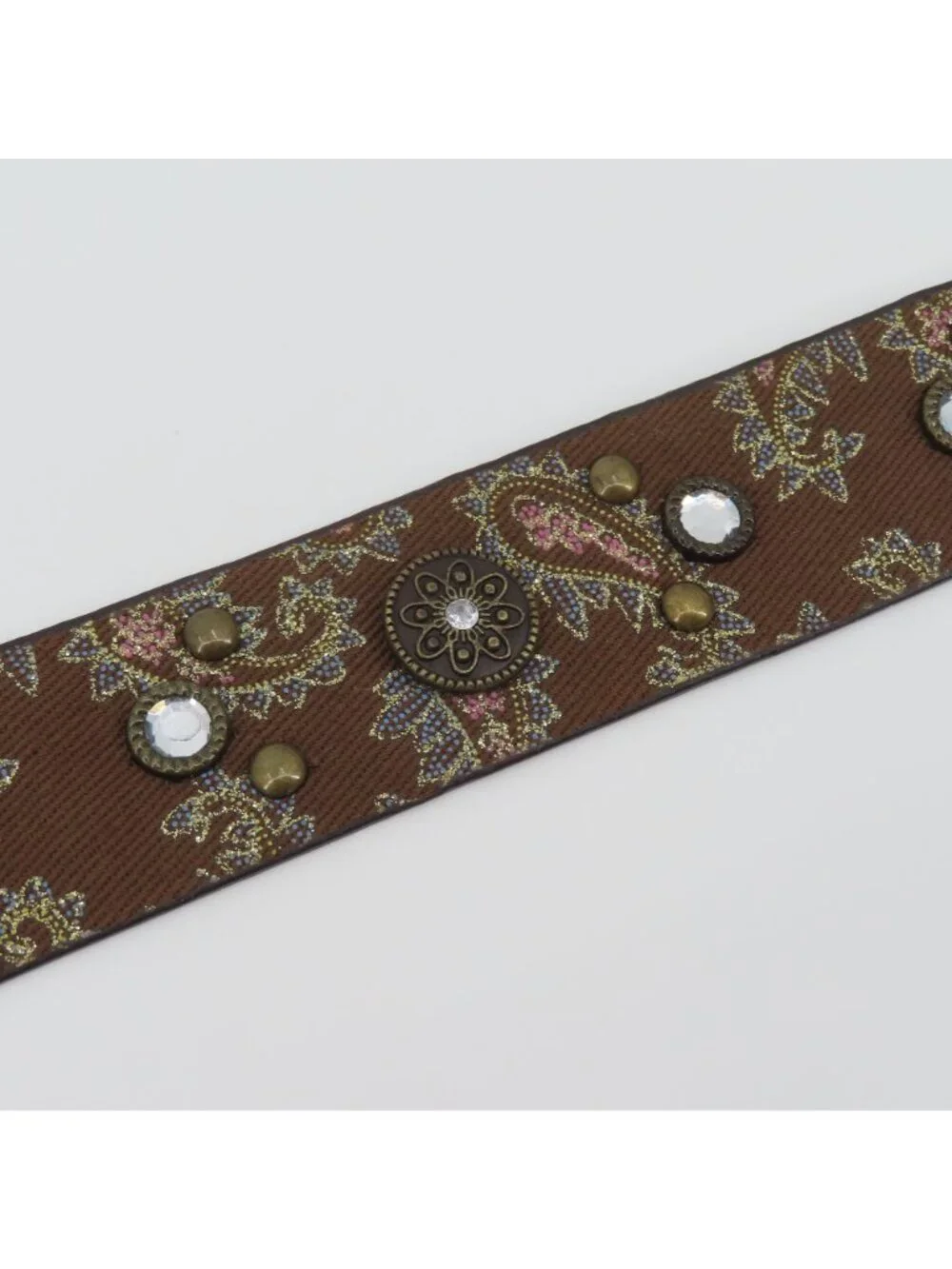Womens Brown Rhinestone Stud Paisley Metallic Belt Square Buckle 42.75in Long